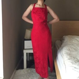 Vintage Red Satin Jacquard Oriental Maxi Dress